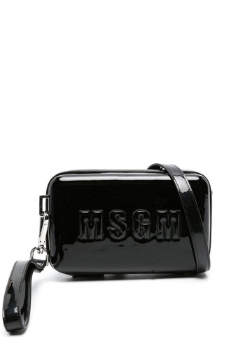 msgm logo-embossed patent-finish shoulder bag - black