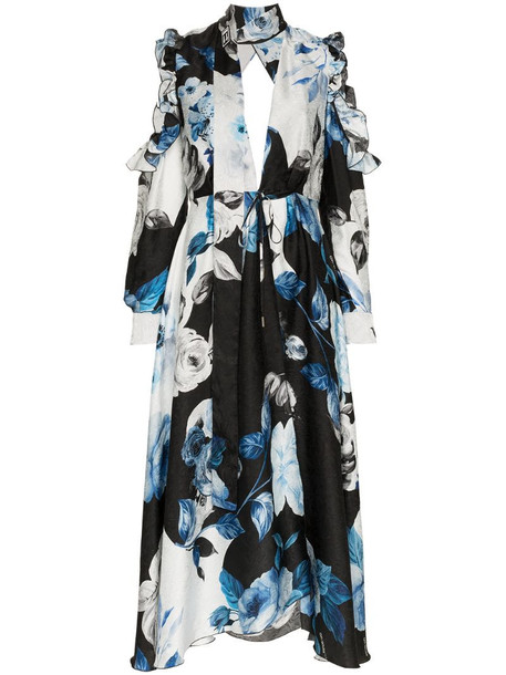 Off-White floral flared silk midi dress in blue