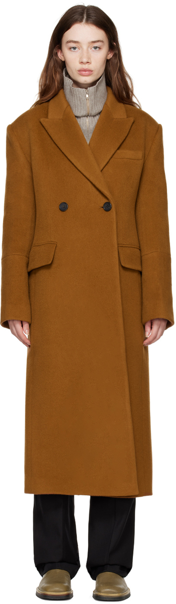 DRAE Brown Double-Breasted Coat in camel