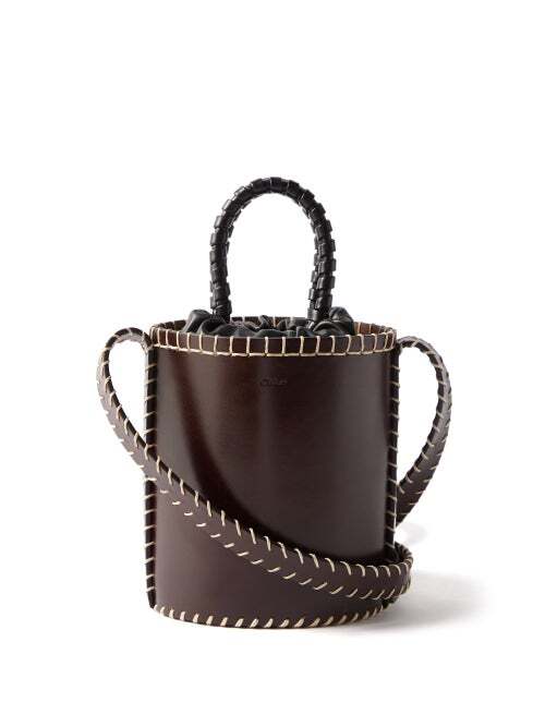Chloé Chloé - Louela Blanket-stitched Leather Bucket Bag - Womens - Dark Brown