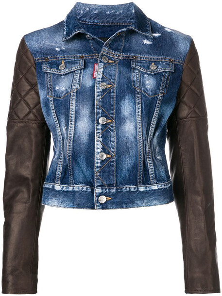 Dsquared2 leather sleeve denim jacket in blue