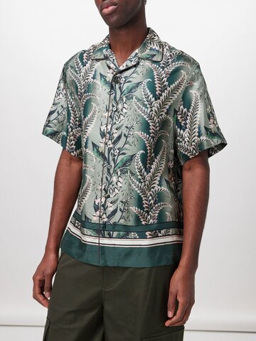 etro - floral-print silk-twill short-sleeved shirt - mens - green multi