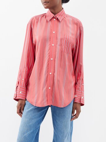 victoria beckham - double-cuff striped twill oversized shirt - womens - red blue