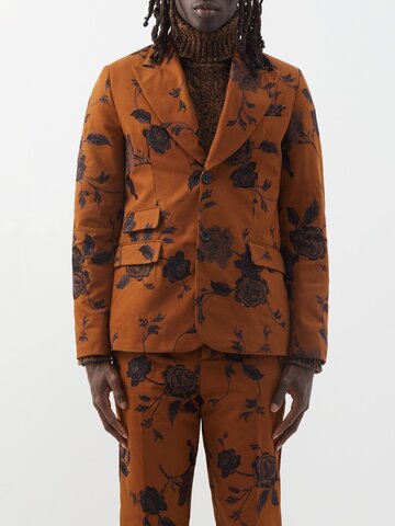 erdem - richard floral-embroidered cotton-drill blazer - mens - brown multi