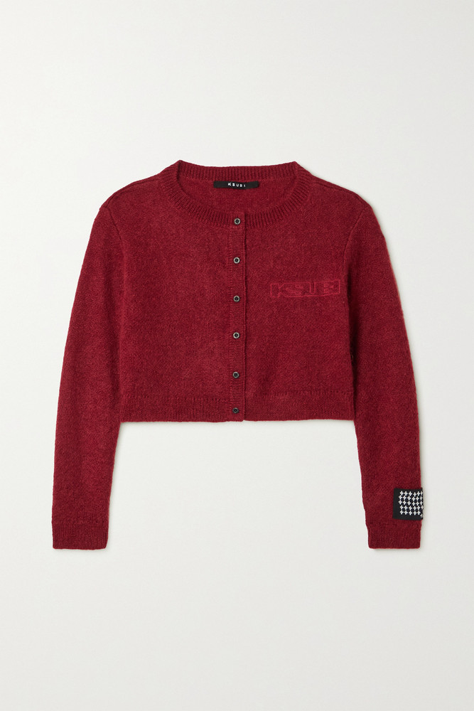 Ksubi - Sign Of The Times Cropped Embroidered Knitted Cardigan - large in red