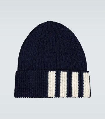 thom browne striped ribbed-knit beanie in blue
