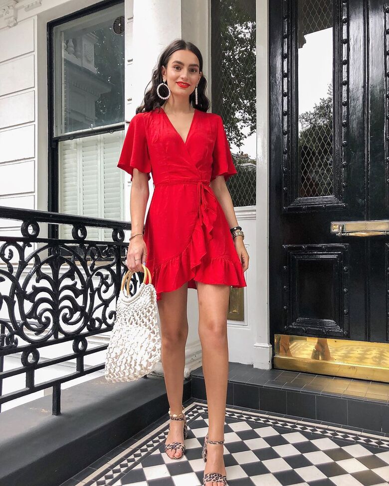 dress red dress wrap dress short sleeve dress mini dress sandal heels white bag handbag