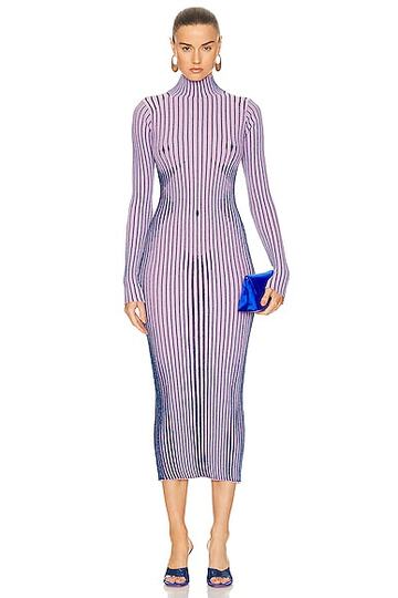 jean paul gaultier trompe l'oeil high neck long sleeve dress in lavender in blue / pink