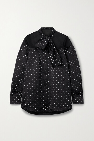 sacai - pussy-bow mesh-trimmed polka-dot flocked satin shirt - black