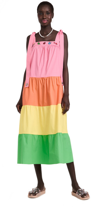 Mira Mikati Embroidered Tiered Dress with Tie Straps in multi