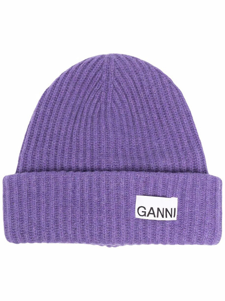 GANNI rib-kit logo-patch beanie - Purple