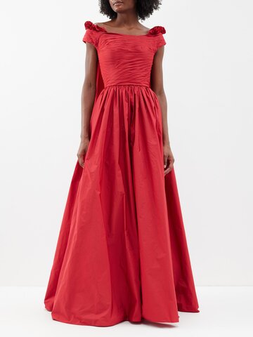 elie saab - off-the-shoulder pleated taffeta gown - womens - red