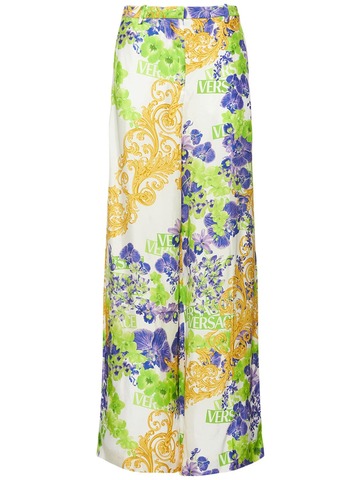versace orchid print viscose cady wide leg pants in green