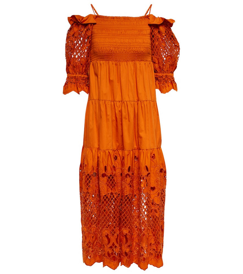 Self-Portrait Embroidered cotton poplin midi dress in orange