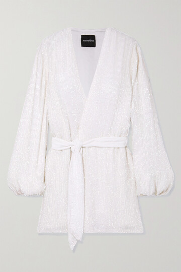 retrofête - gabrielle velvet-trimmed sequined chiffon mini wrap dress - white