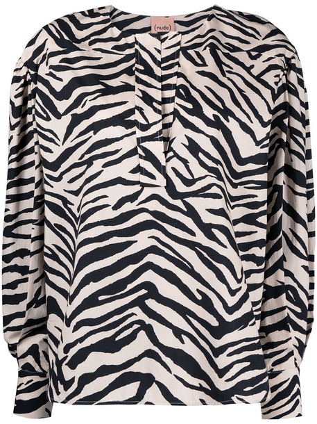 Nude zebra-print collarless shirt - Neutrals