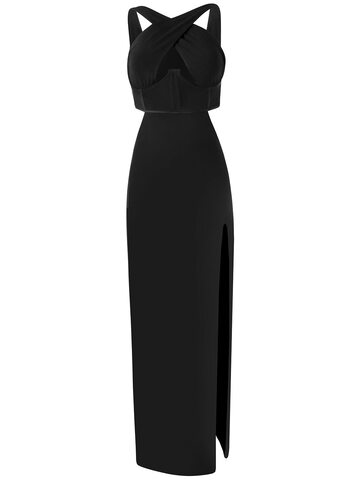 DUNDAS Gena Crossed Viscose Jersey Long Dress in black