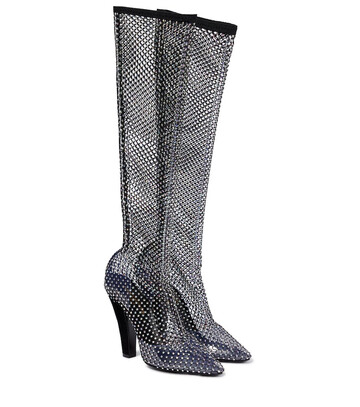 saint laurent embellished mesh knee-high boots in black