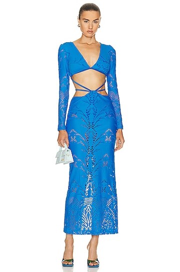 patbo stretch lace maxi dress in blue in cobalt