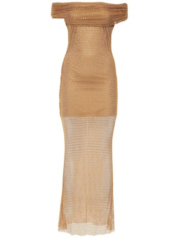 SELF-PORTRAIT Tan Hotfix Fishnet Maxi Dress in beige