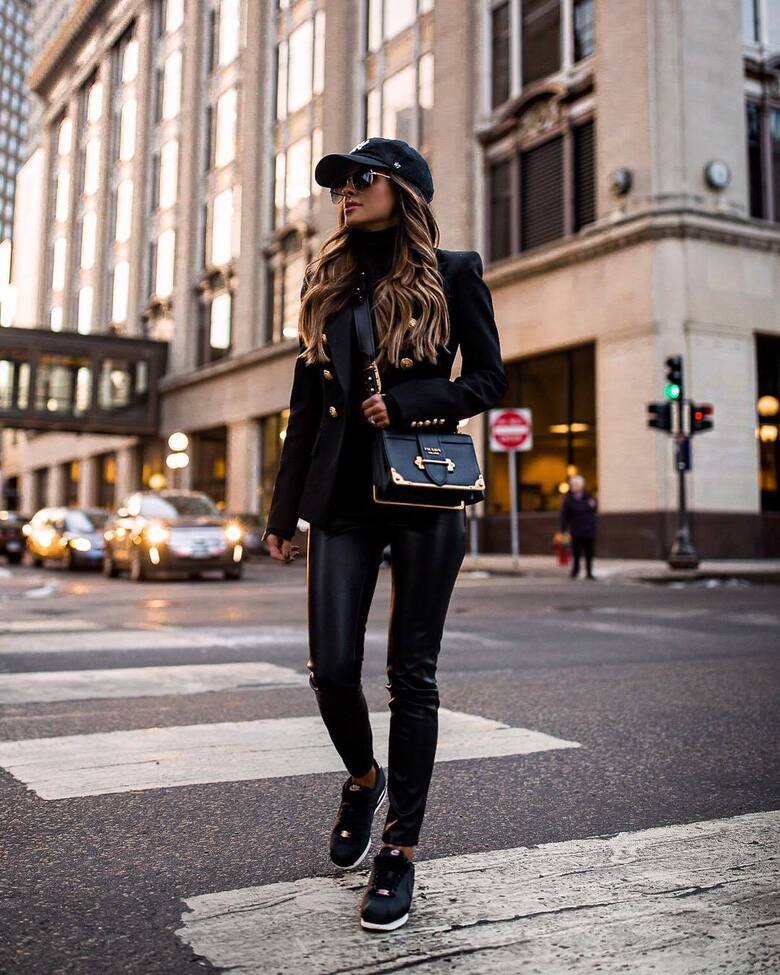 jacket black blazer black shoes black leather black bag black turtleneck top cap