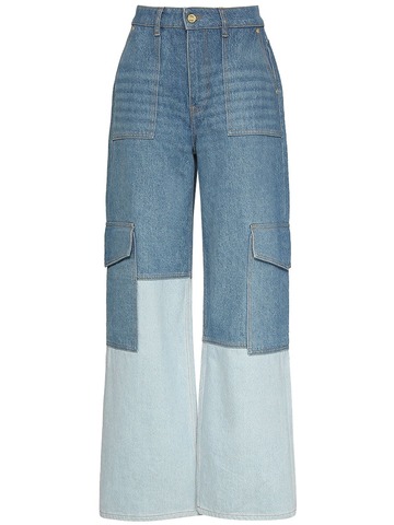 ganni high rise cotton denim cargo jeans in blue