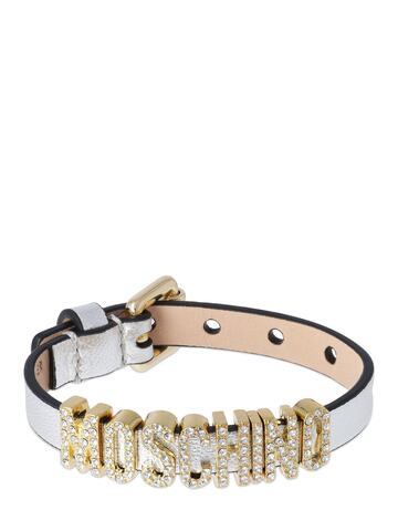 MOSCHINO Crystal Logo Lamé Leather Bracelet in gold / silver