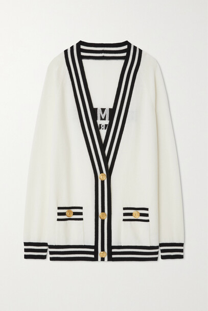 Balmain - Striped Jacquard-knit Wool-blend Cardigan - White