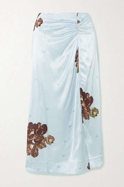 GANNI - Floral-print Ruched Satin Midi Skirt - Blue
