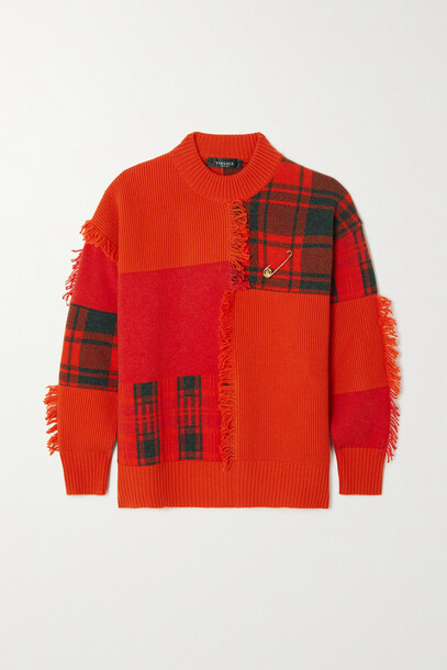 Versace - Embellished Fringed Patchwork Wool Sweater - Orange