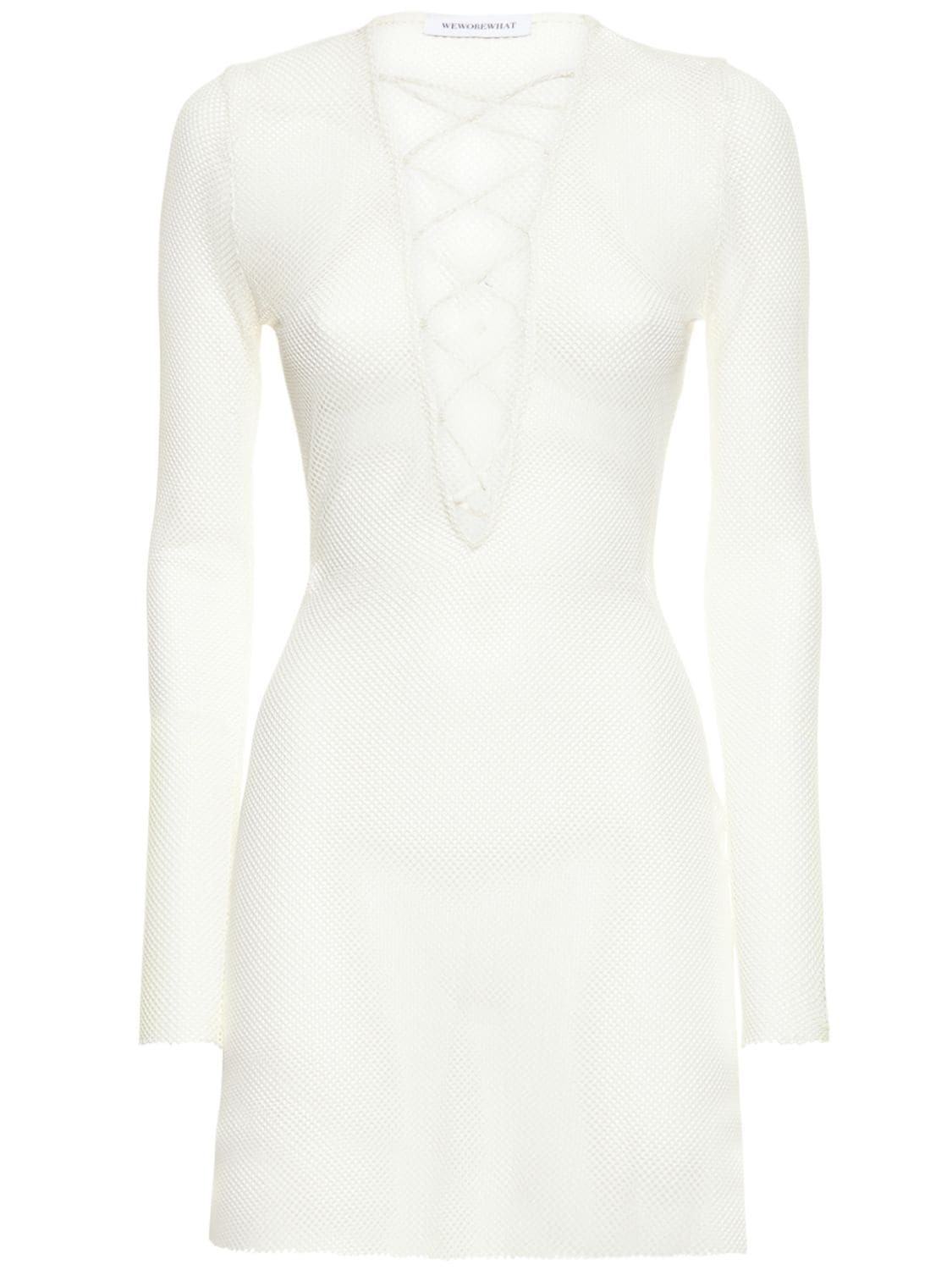 WEWOREWHAT V Neck Lace-up Net Mini Dress in white