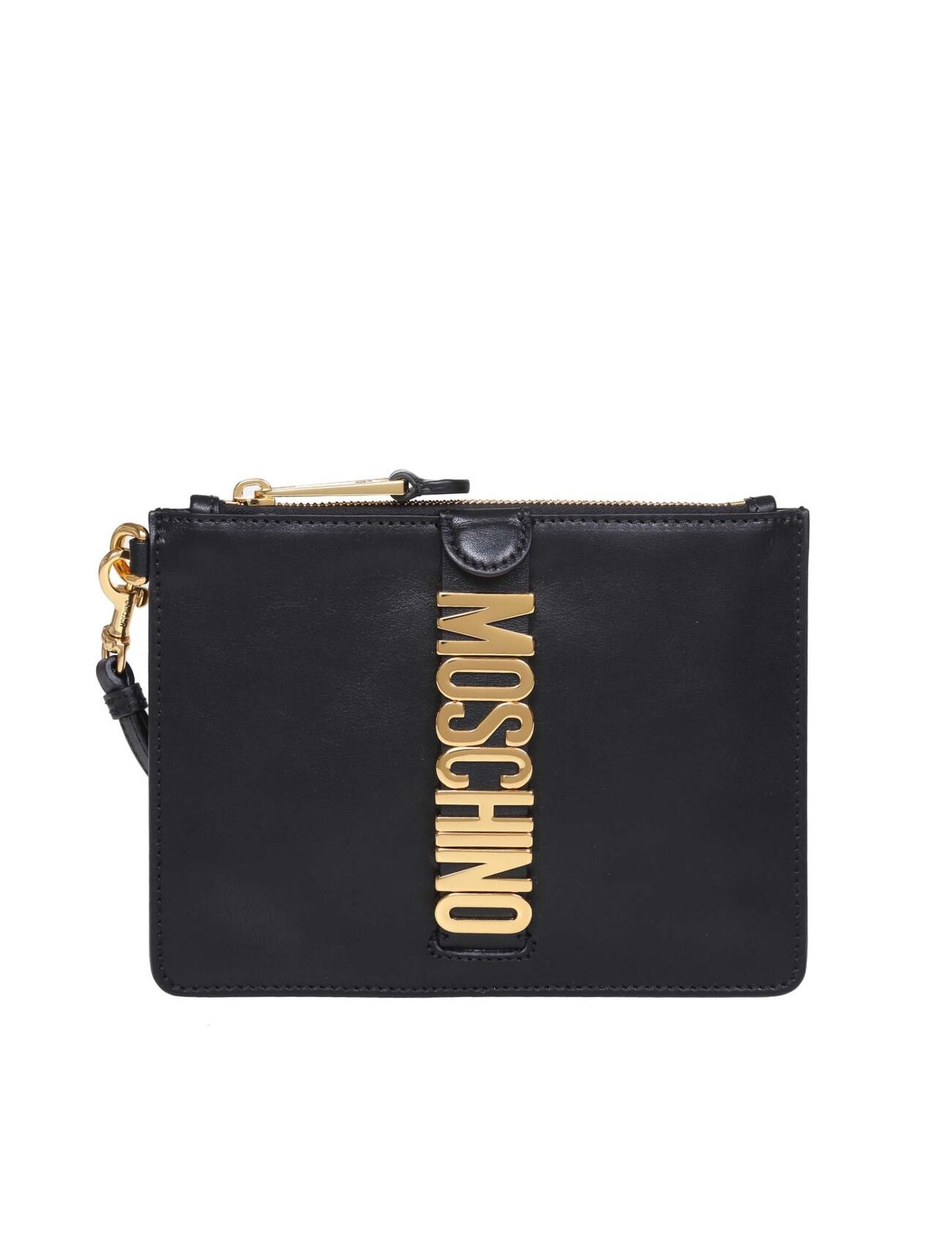 Moschino Clutch In Leather With Lettering Logo in black