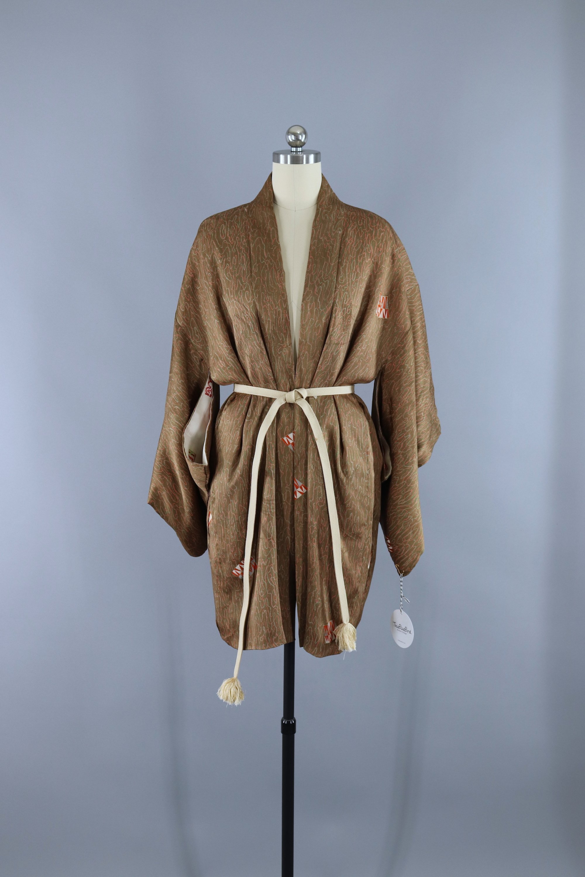 Vintage 1940s Silk Haori Kimono Cardigan Jacket / Art Deco Tan & Peach Abstract