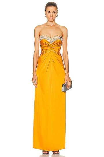patbo hand beaded strapless gown in mustard
