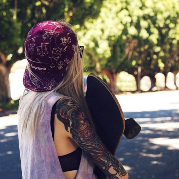 hat cap purple blonde hair tattoo skater science plum nerd horoscope purple tank top muscle tee