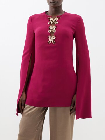 elie saab - embellished slit-sleeve crepe tunic - womens - dark pink