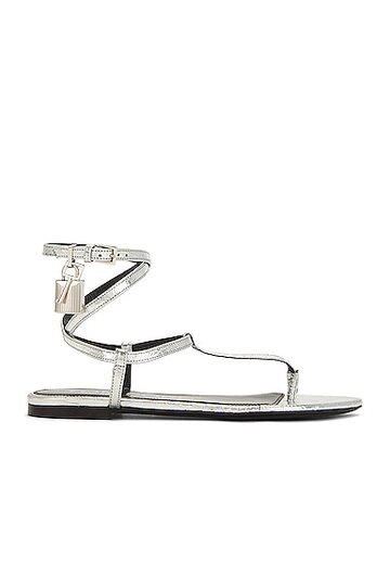 tom ford metallic stamped croc padlock thong sandal in metallic silver