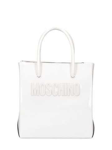 MOSCHINO Logo Patent Leather Top Handle Bag in white