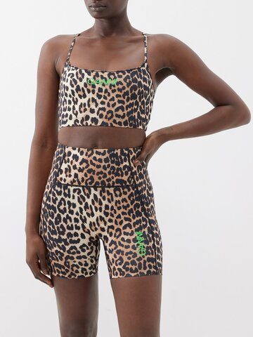 ganni - leopard-print low-impact longline sports bra - womens - leopard
