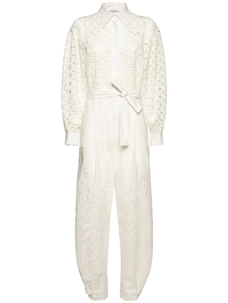ALBERTA FERRETTI Embroidered Lace Cotton Blend Jumpsuit in white