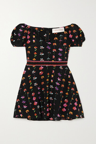 Valentino - Floral-print Wool-blend Crepe De Chine Mini Dress - Black
