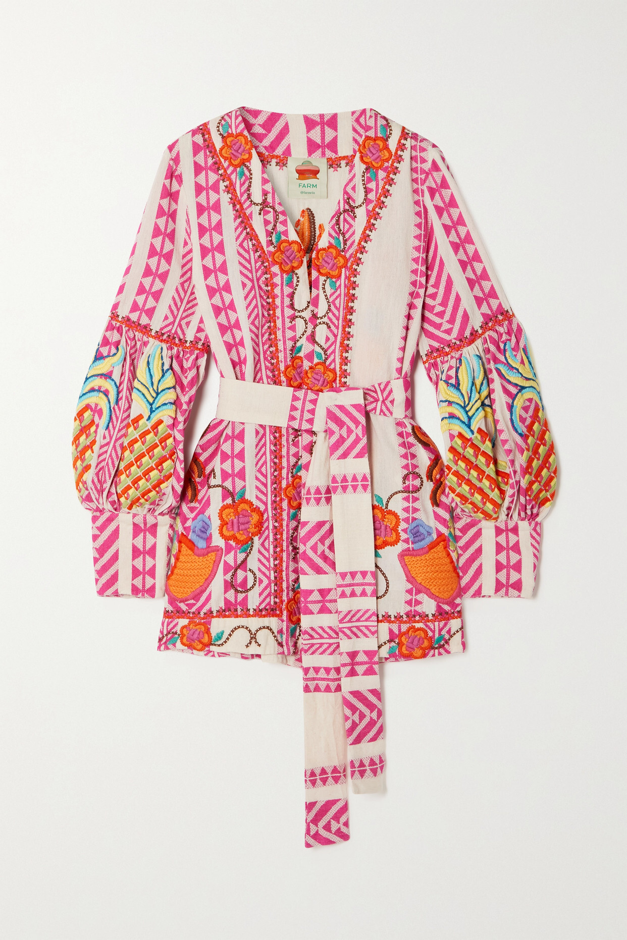 Farm Rio - Belted Embroidered Cotton-jacquard Jacket - Pink