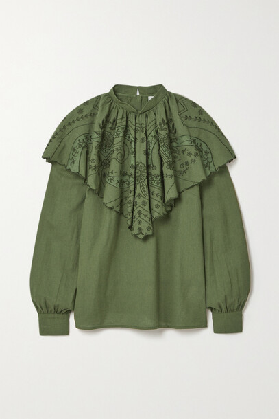 Etro - Ruffled Embroidered Cotton-poplin Blouse - Green