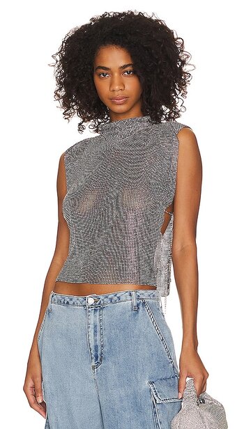 8 other reasons rhinestone mesh cowl neck top in black