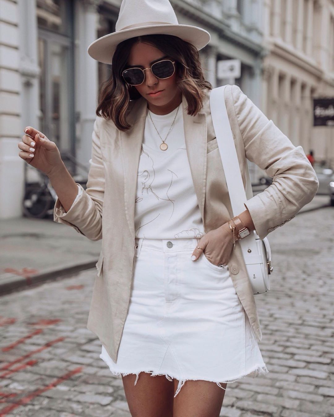 jacket, blazer, cropped, denim skirt, white skirt, mini skirt, white t ...