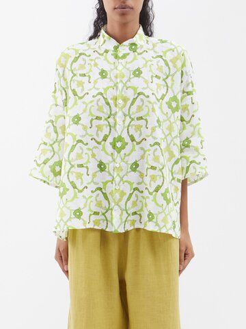 eskandar - floral-print dropped-shoulder linen shirt - womens - green