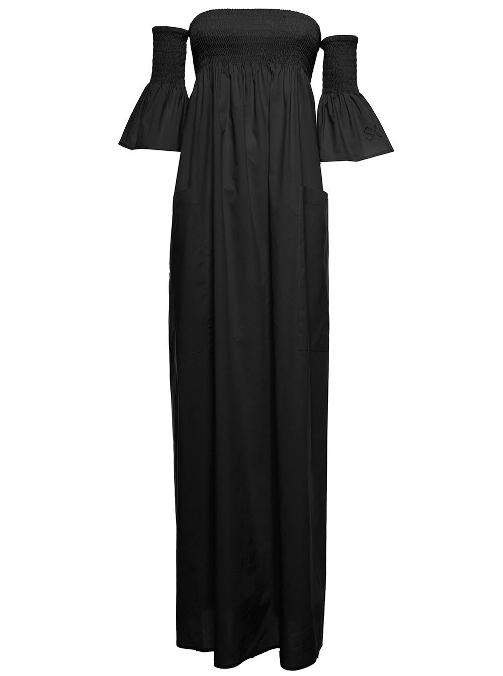 SEMICOUTURE Alexiane Womans Black Cotton Long Dress With Off Shoulders in nero