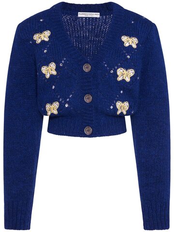 ALESSANDRA RICH Embellished Knit Cropped Cardigan in blue