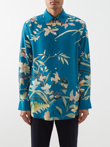 etro - botanical-print silk-crepe shirt - mens - blue multi