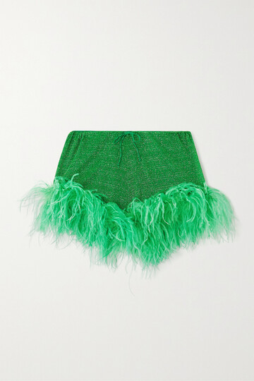 oséree - lumière feather-trimmed metallic stretch-knit shorts - green